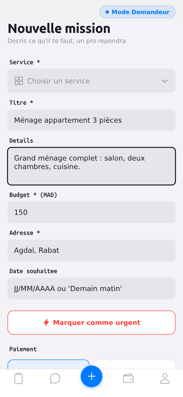Écran de création d'une mission dans Yallah.ma